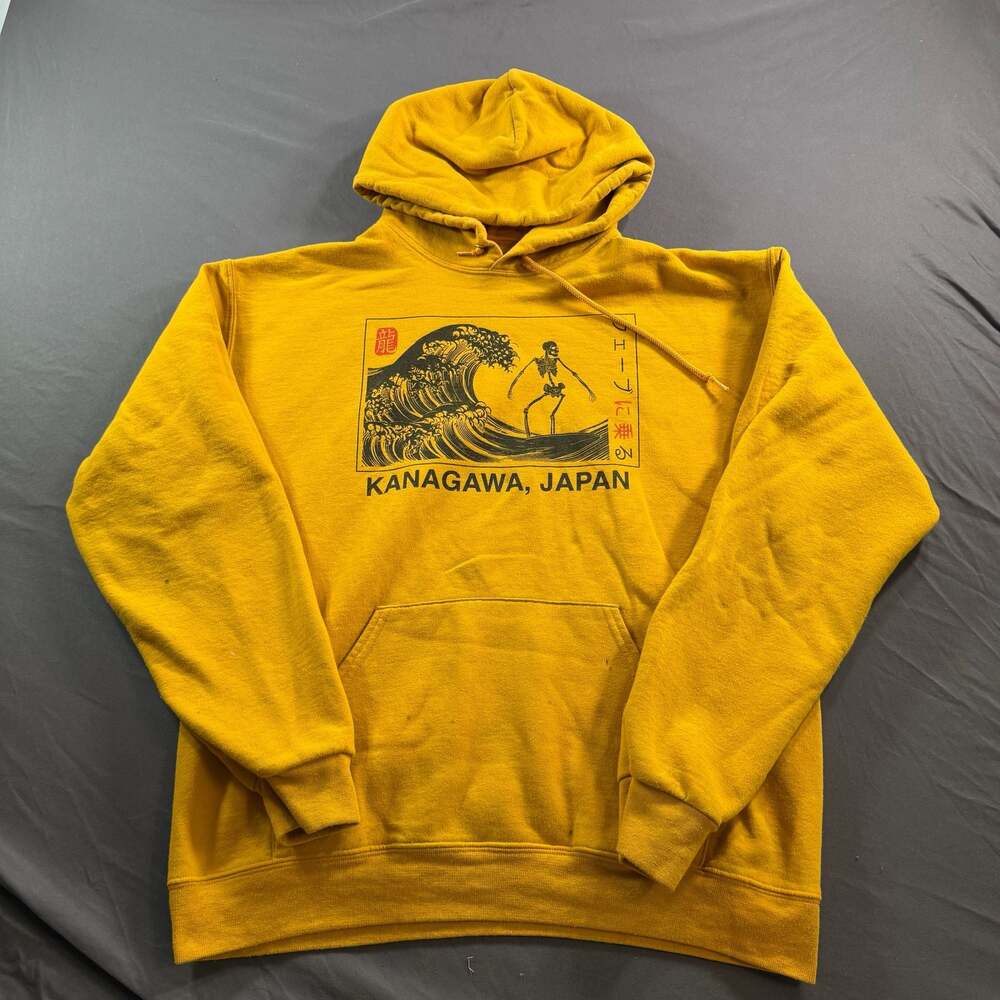 Bowery Supply Co. Kanagawa Japan Skeleton Surfing Graphic Hoodie Yellow Large